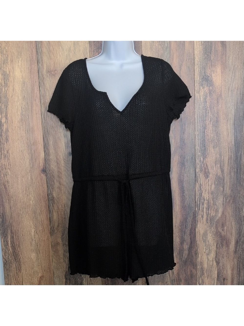 SHEIN Black Knit V Neck Tie Waist Romper 0XL               D244
